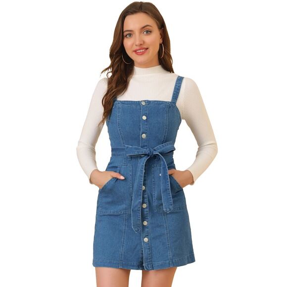 Women's Classic Adjustable Strap A-Line Overall Denim Dress Blue - Picture 1 of 6